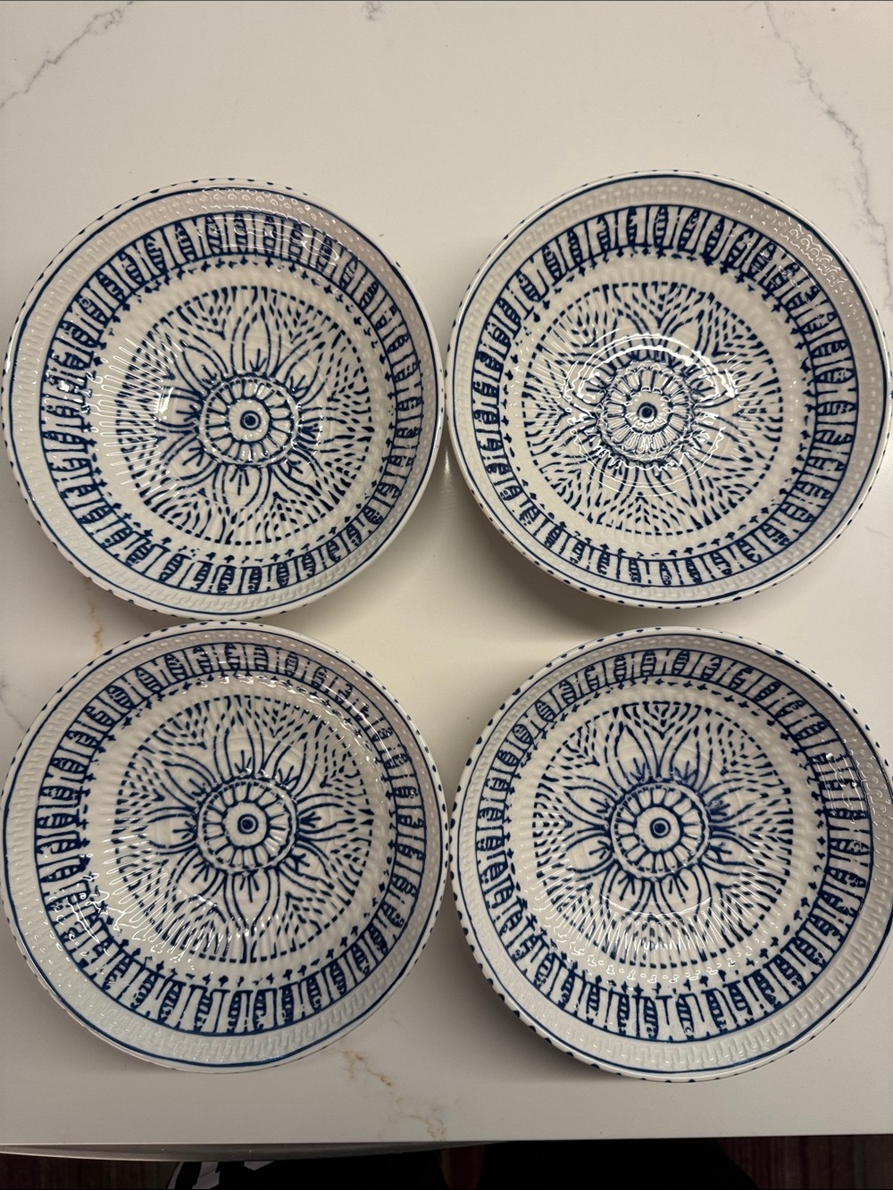 Blue and White Hand-Painted Ceramic Bowls - Set of 4